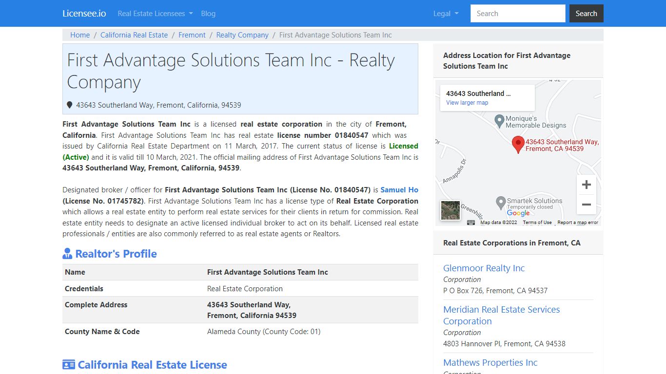 First Advantage Solutions Team Inc - Realty Company